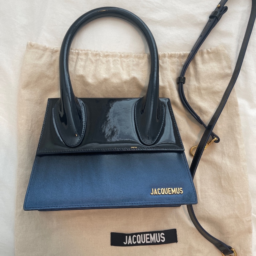 Authentic Jacquemus Le Chiquito Grand blue leather bag with shoulder strap